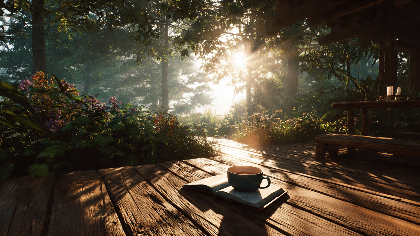 A peaceful morning meditation space at a wooden table on my back deck overlooking the woods A peaceful morning meditation space at a wooden table on my back deck overlooking the woods