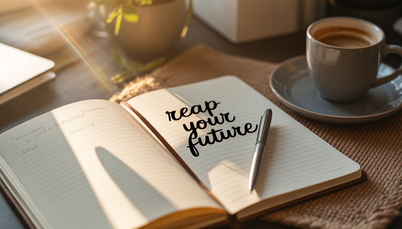 A notebook open on a desk with handwritten notes and a pen, reap your future written, soft morning light, a coffee cup nearby, warm and productive atmosphere, sense of intentional morning practice