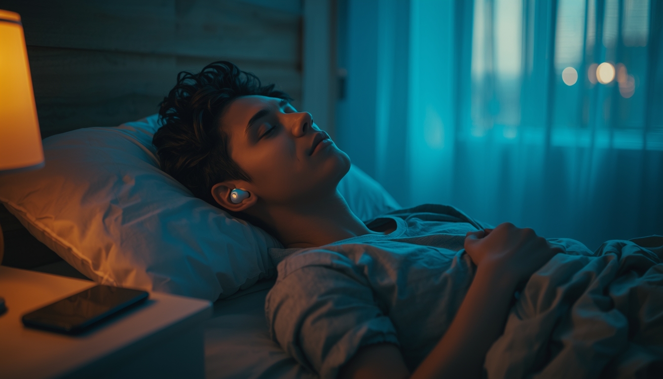 A person sitting up in bed at dawn, soft morning light filtering through sheer curtains, wireless earbuds in both ears, eyes gently closed with a peaceful expression, phone placed face-down beside them on the nightstand (screen dark, no notifications visible), hands resting calmly in lap, warm golden tones mixed with soft blue morning light, clean and uncluttered bedroom, sense of stillness, intention, and quiet focus before the world begins, photorealistic, 16:9 aspect ratio, cinematic lighting