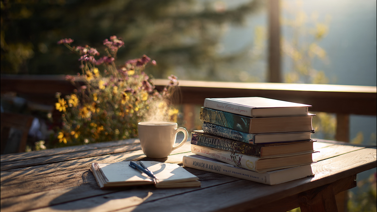Four books stacked on a wooden table on a back deck. No readable titles on the spines or covers. Flowers and trees surrounding the deck. Early morning, sun just starting to peek through the trees, streaming light onto the table and books. Sun flares. A steaming cup of coffee next to the books. A notebook with a pen lying beside it. Warm, peaceful, inviting. Four books stacked on a wooden table on a back deck. No readable titles on the spines or covers. Flowers and trees surrounding the deck. Early morning, sun just starting to peek through the trees, streaming light onto the table and books. Sun flares. A steaming cup of coffee next to the books. A notebook with a pen lying beside it. Warm, peaceful, inviting.