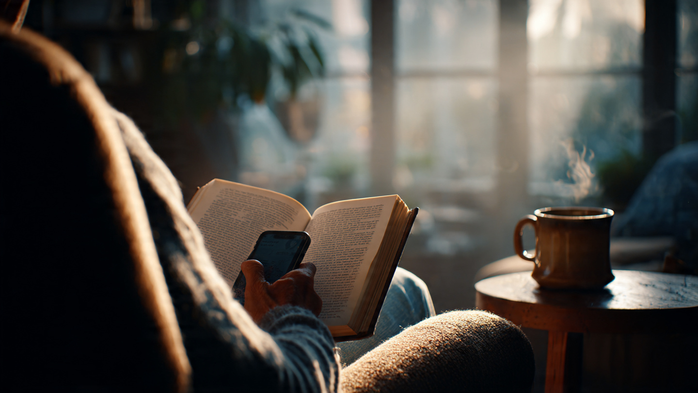 A person sitting in a comfortable chair, holding an open book. But instead of reading, they're scrolling on a phone held over the book. Soft morning light from a window. The scene is peaceful but slightly off—the book is forgotten. A coffee mug on a side table. The mood is quiet tension: comfort vs. distraction A person sitting in a comfortable chair, holding an open book. But instead of reading, they're scrolling on a phone held over the book. Soft morning light from a window. The scene is peaceful but slightly off—the book is forgotten. A coffee mug on a side table. The mood is quiet tension: comfort vs. distraction