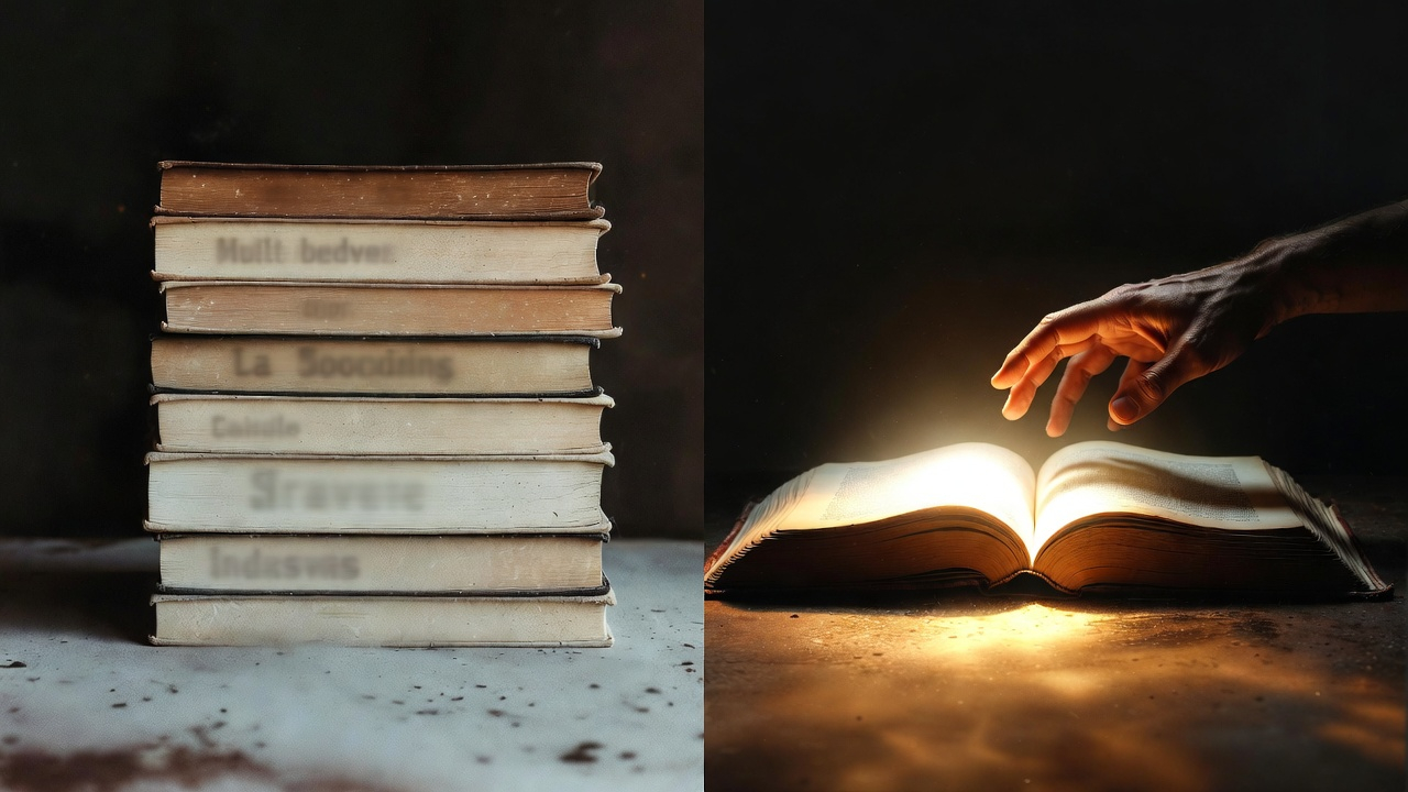 Split screen composition. Left side: A stack of books that look pristine and untouched, gathering dust, with faded, blurry text on the spines. Right side: A single, worn book lying open, its pages glowing with a soft, warm internal light, as if it contains an active energy. The light spills onto the surface around it. A hand is visible reaching toward the glowing book. The contrast is stark: collection vs. activation Split screen composition. Left side: A stack of books that look pristine and untouched, gathering dust, with faded, blurry text on the spines. Right side: A single, worn book lying open, its pages glowing with a soft, warm internal light, as if it contains an active energy. The light spills onto the surface around it. A hand is visible reaching toward the glowing book. The contrast is stark: collection vs. activation