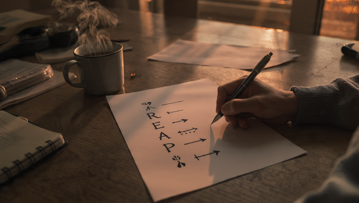 A person sits at a desk in the early morning light. In front of them is a single sheet of paper with the letters R-E-A-P written vertically. Beside each letter is a simple hand-drawn symbol: an eye (Recognize), an arrow exchanging places (Exchange), a single footprint (Activate), and a tree growing from a seed (Program). A steaming mug sits beside the paper. The person's hand holds a pen, poised to write. The window behind them shows the first orange glow of sunrise. The mood is quiet, intentional, and powerful A person sits at a desk in the early morning light. In front of them is a single sheet of paper with the letters R-E-A-P written vertically. Beside each letter is a simple hand-drawn symbol: an eye (Recognize), an arrow exchanging places (Exchange), a single footprint (Activate), and a tree growing from a seed (Program). A steaming mug sits beside the paper. The person's hand holds a pen, poised to write. The window behind them shows the first orange glow of sunrise. The mood is quiet, intentional, and powerful