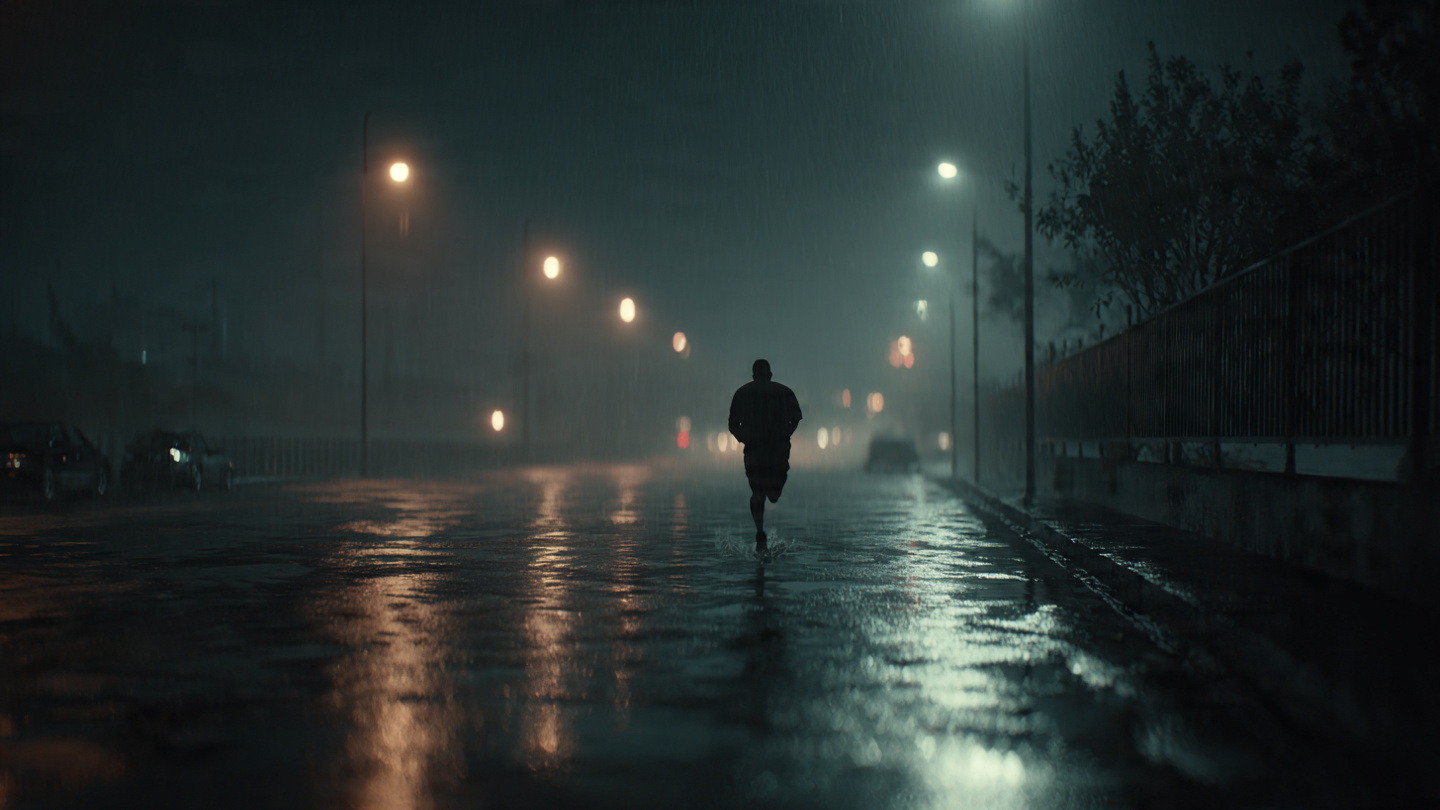 A solitary figure running down a dark, rain-soaked city street at 3:00 AM. The street is empty, lit only by dim streetlights reflecting off wet pavement. The figure is silhouetted, focused, moving forward alone. Moody, cinematic lighting. Wide shot emphasizing isolation and determination
