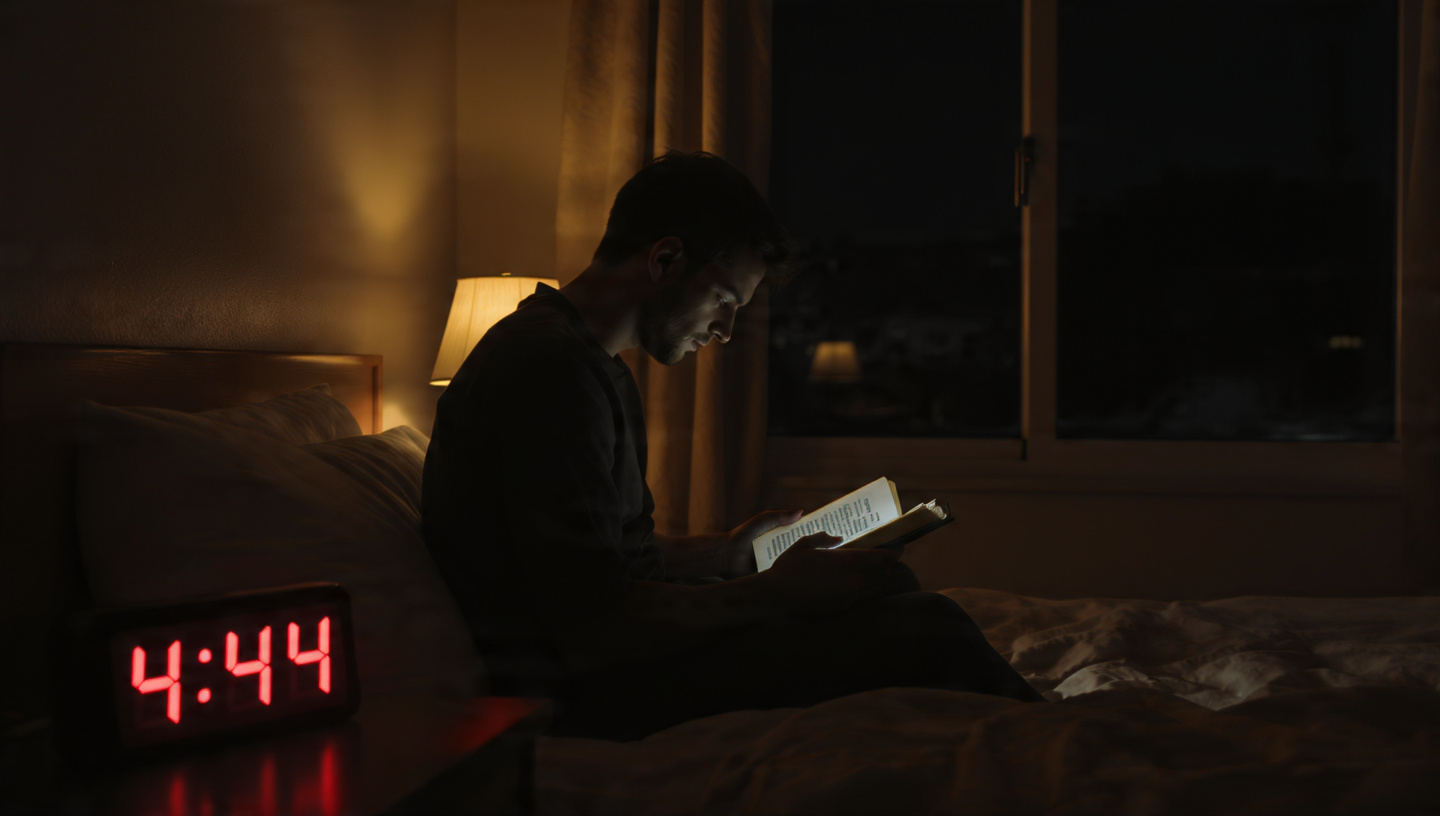 A person sitting alone on the edge of a bed in a dimly lit room at 4:44 AM. A single warm lamp glows beside them. They are looking at a journal, reflecting, not scrolling. The world outside the window is dark and still. Peaceful isolation. Soft morning light beginning to creep in. Cinematic, intimate atmosphere.