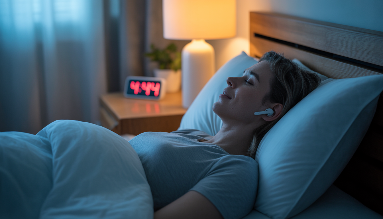 A person lying in bed at early dawn, wearing wireless earbuds, eyes closed, relaxed but engaged. Soft morning light filters through a window, creating gentle shadows. On the nightstand beside the bed, a small digital clock glows 4:44 AM in soft red numbers. The room is quiet, peaceful, undisturbed. The person is in the theta state—half asleep, half awake, rewiring before the world wakes up. Warm, intimate, aspirational atmosphere. 