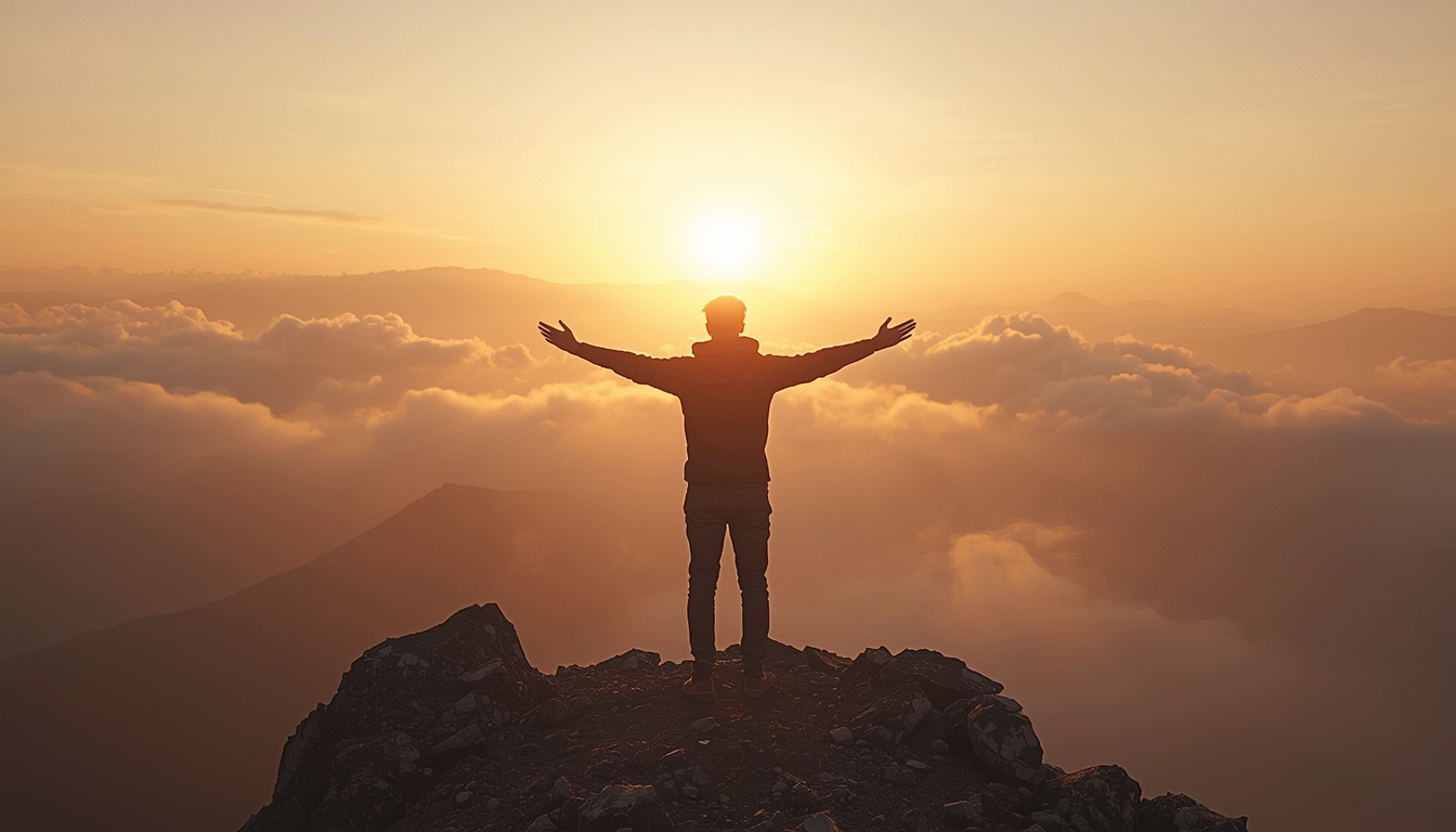 A person standing alone on a mountain ridge at sunrise. The fog is clearing below. They are looking out over a vast landscape, arms relaxed, standing in stillness. The journey to get there was hard—their clothes are worn, their posture shows fatigue. But their expression is peaceful. Victory in solitude. Golden light, cinematic, expansive.