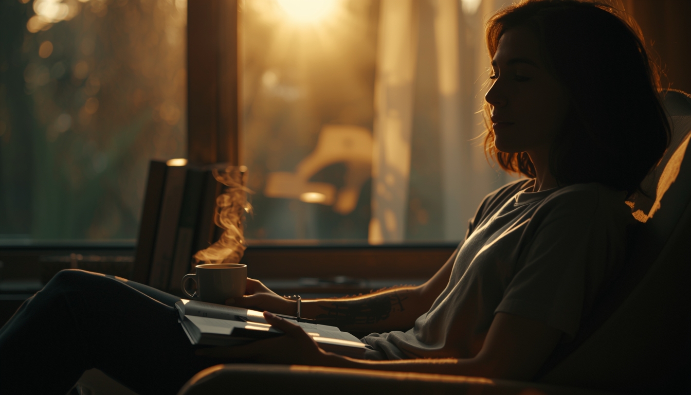 A person sitting in a cozy chair by a window at early dawn. A steaming cup of coffee or tea is beside them. A journal is open on their lap. The morning light is soft and golden. The room is warm, quiet, peaceful. This is the reward of the lonely chapter—the stillness, the clarity, the self-possession. Warm, inviting, aspirational atmosphere.