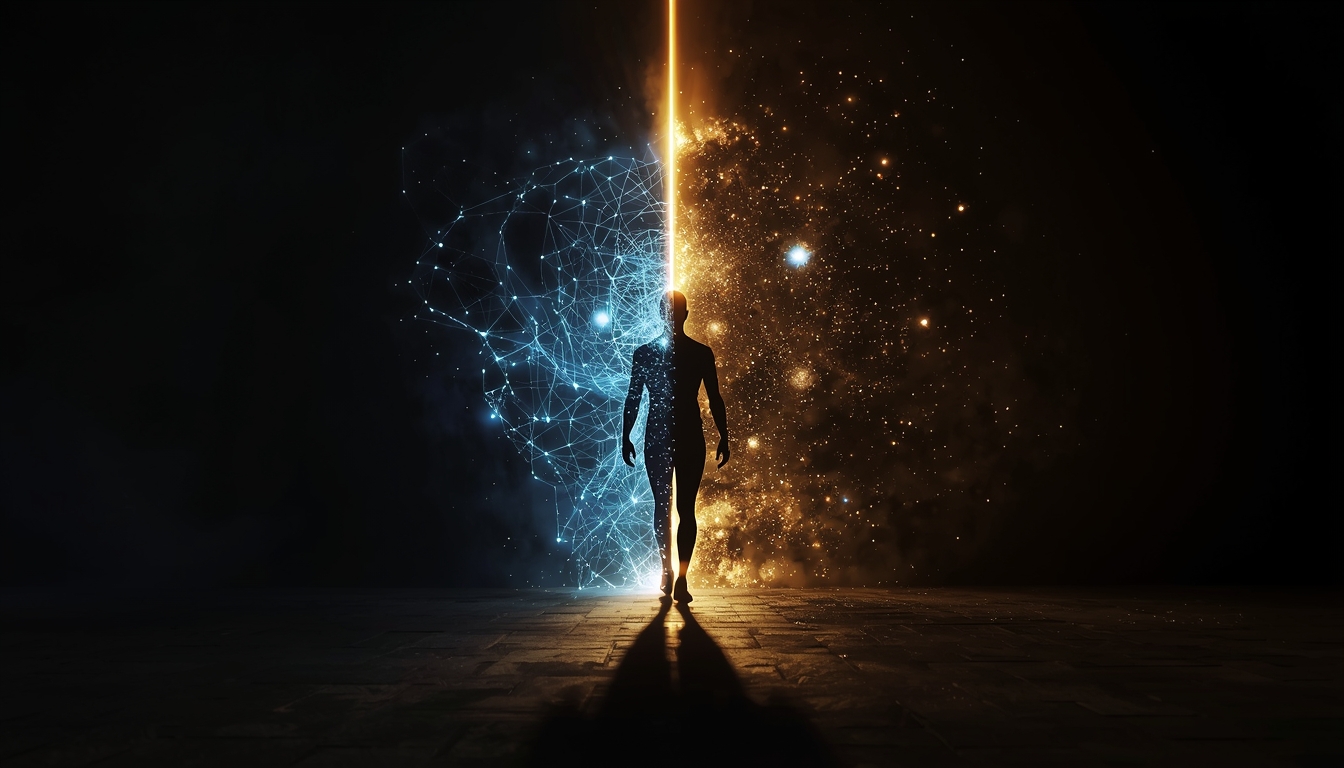 A striking image of a human silhouette standing at the threshold of a cosmic doorway. One half of the silhouette is filled with swirling neural network patterns in electric blue, the other half with a star-filled galaxy. The figure appears to be stepping forward, dissolving the boundary between inner mind and outer universe. The lighting is dramatic, with a beam of golden light cutting through darkness