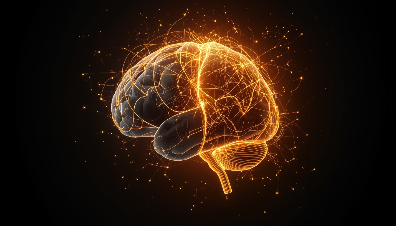 A photorealistic image showing a human brain rendered as a luminous network of golden light pathways. One section of the brain appears dim and tangled in gray, while a new pathway is being illuminated in brilliant amber, cutting through the darkness. The image conveys the physical process of neuroplasticity—old circuits dimming, new circuits firing. Warm, hopeful lighting