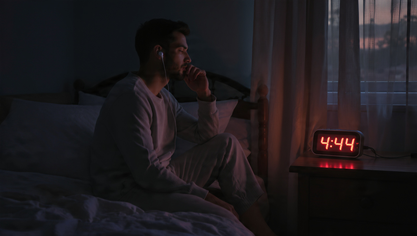 A person sitting on the edge of a bed in a dark bedroom, wearing comfortable gray sleepwear, one wireless earbud in their ear, the other held in their palm. A digital alarm clock on a wooden nightstand glows with red digits reading 4:44 AM. Soft ambient light from early dawn filters through sheer curtains. The person's expression is calm, focused, and serene. Cinematic lighting, shallow depth of field, moody atmosphere, hyper-realistic