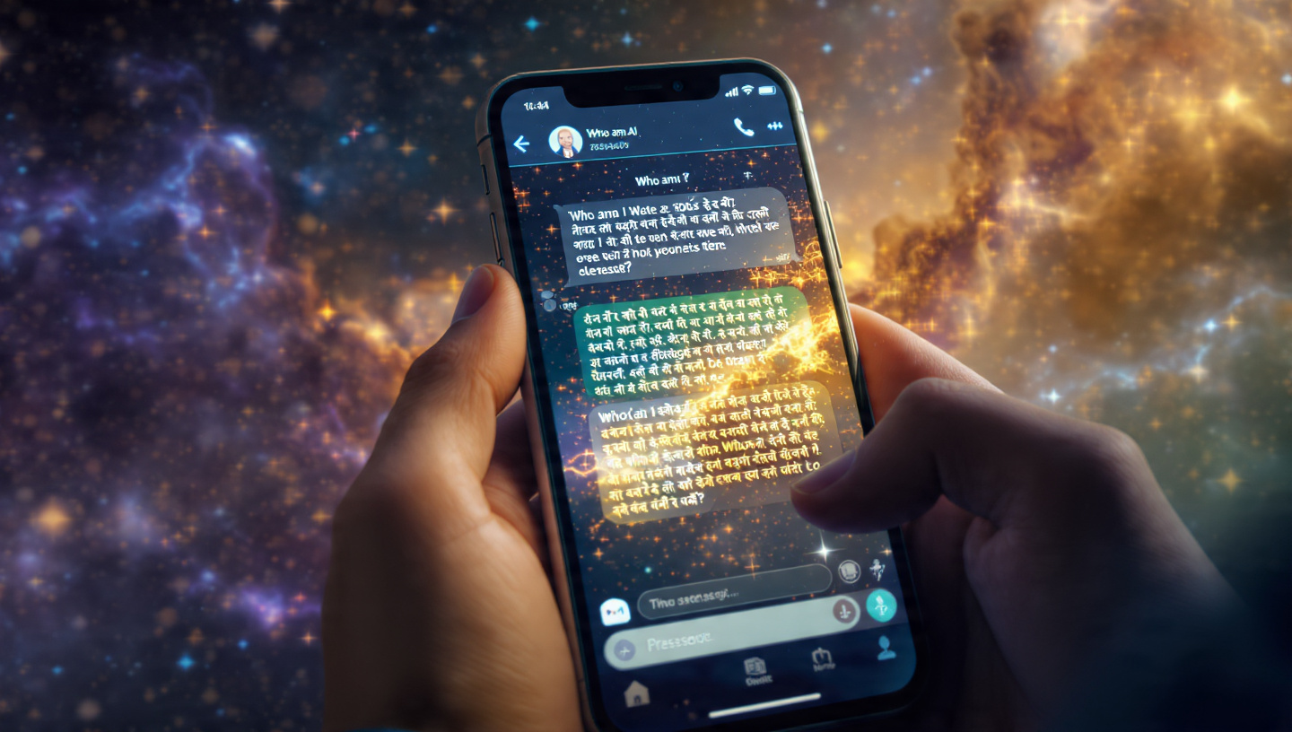A photorealistic image of a smartphone screen displaying an AI chat interface. The conversation shows a question: "Who am I?" The AI's response begins to unfold with elegant Sanskrit calligraphy blending into modern digital text. The phone is held in human hands, but the background dissolves into a nebula of stars and light—symbolizing the bridge between ancient wisdom and emerging technology. Cool blue and warm gold tones