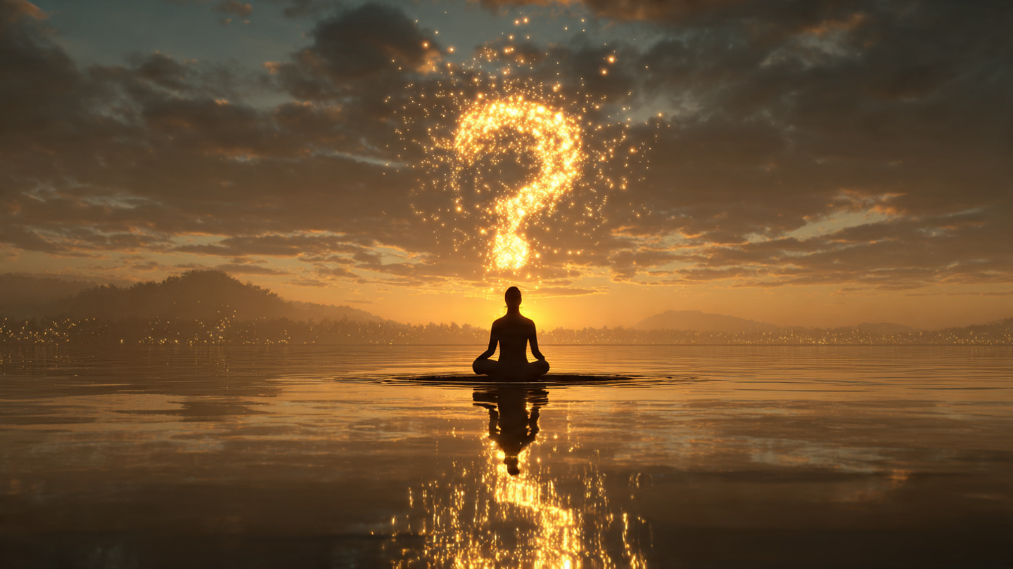 Surreal image of person silhouette meditating in the Lotus on the lake at sunrise with a sparkling golden? Forming above Damn