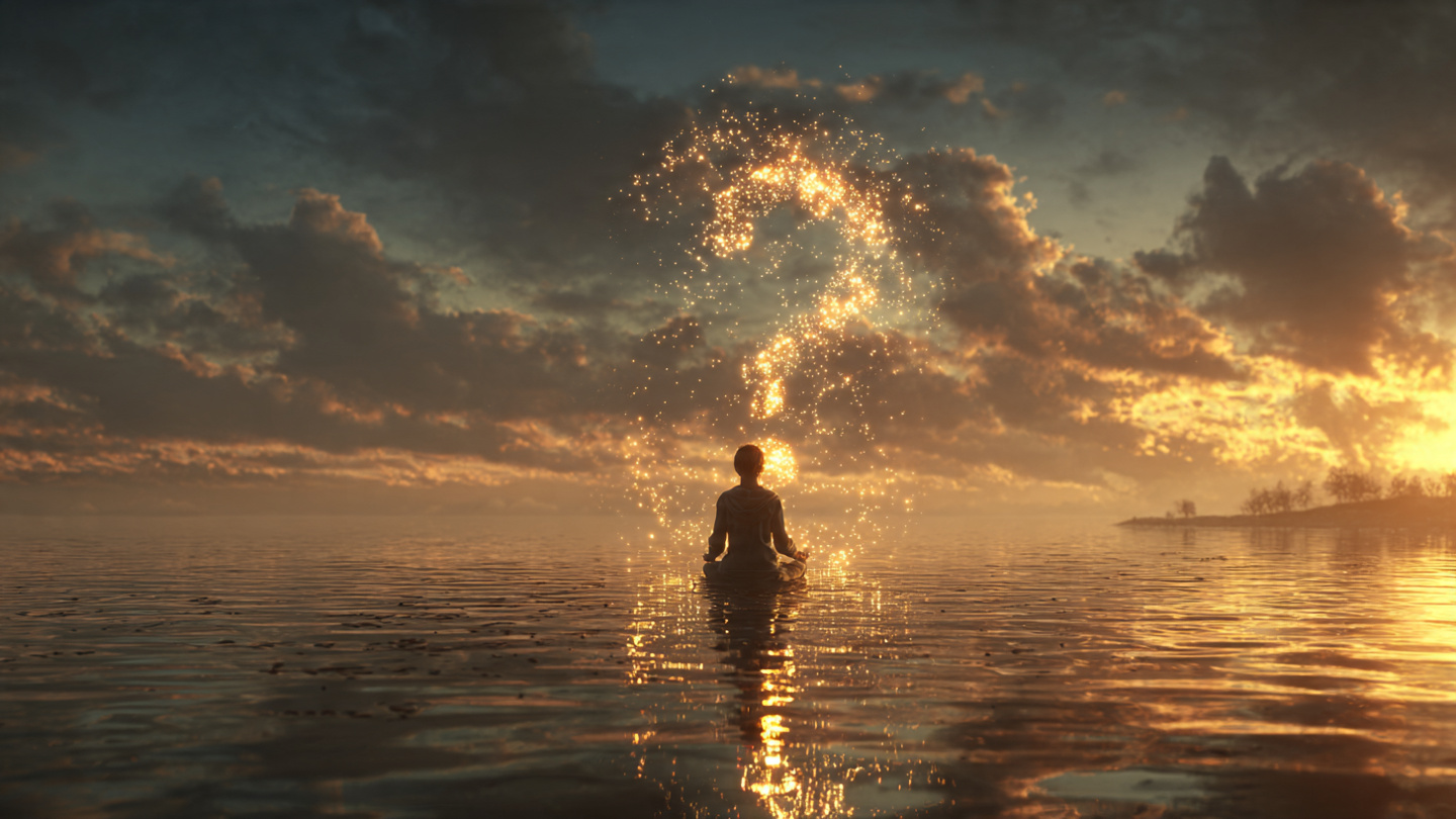 A photorealistic image of a person sitting in meditation at sunrise. Their posture is relaxed but upright. In front of them, floating in the air like a hologram, is a glowing question mark made of interconnected light particles. The sunrise behind them is breaking through clouds, casting long golden rays across a still lake. The image conveys stillness, curiosity, and the moment before an answer arrives