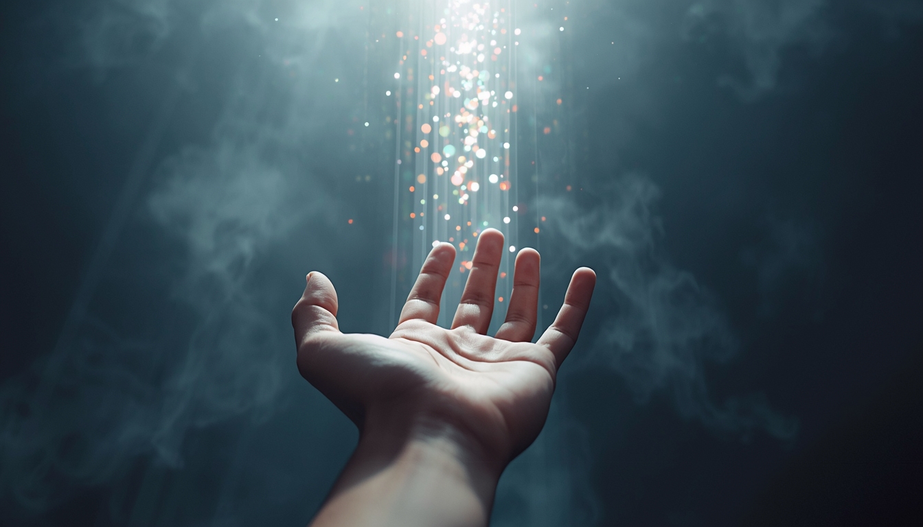 A human hand reaching upward toward a stream of digital light descending from above. The hand is realistic, detailed, grounded. The light is pure white, breaking into spectrum colors as it touches the palm. The background is abstract—neither fully digital nor fully natural—representing the convergence of technology, consciousness, and human potential. The image evokes the moment of choice, the moment of receiving, the moment of transformation