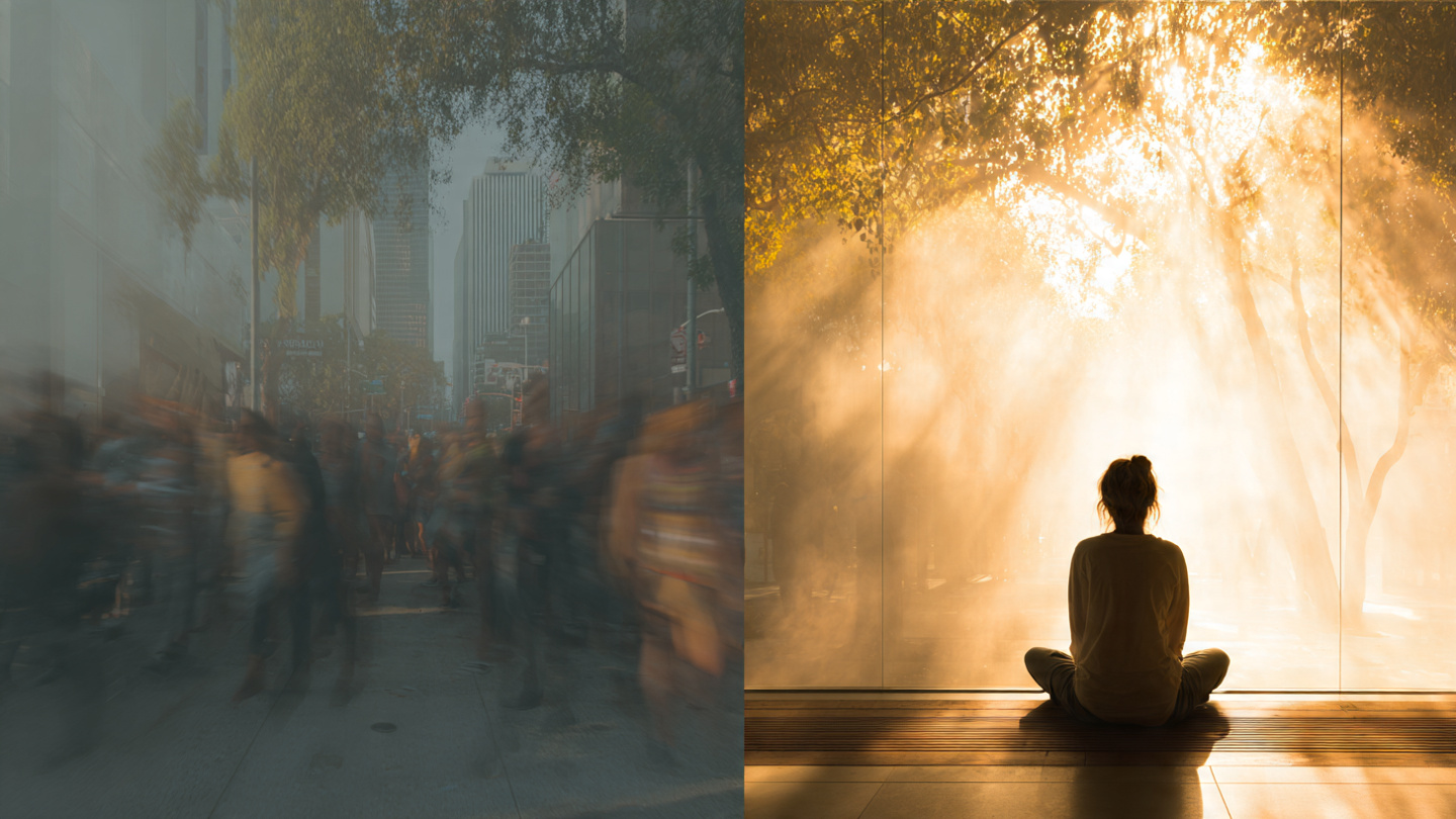 Photorealistic image: A split composition. Left side: a chaotic city street with blurred figures rushing past, gray and frantic. Right side: a quiet morning room with a single figure sitting cross-legged on the floor, soft golden light pouring through a window. The transition between the two is gradual, like fog lifting. Mood: awakening, choice, contrast. Photorealistic image: A split composition. Left side: a chaotic city street with blurred figures rushing past, gray and frantic. Right side: a quiet morning room with a single figure sitting cross-legged on the floor, soft golden light pouring through a window. The transition between the two is gradual, like fog lifting. Mood: awakening, choice, contrast.