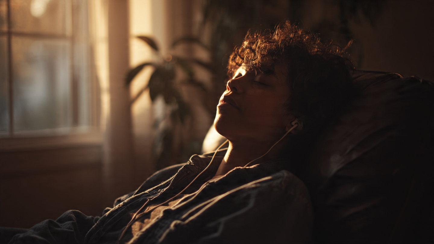 A person sitting in a comfortable chair in the early morning, leaning back, eyes closed, earbuds in. Soft golden light from a nearby window falls across their face. Their hands rest loosely on the armrests. Their expression is calm, peaceful, present. No phone in sight. The mood is quiet, intentional, receptive A person sitting in a comfortable chair in the early morning, leaning back, eyes closed, earbuds in. Soft golden light from a nearby window falls across their face. Their hands rest loosely on the armrests. Their expression is calm, peaceful, present. No phone in sight. The mood is quiet, intentional, receptive