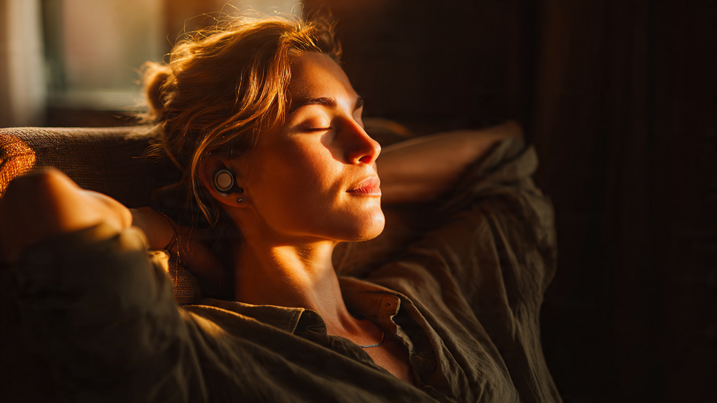 A person sitting in a comfortable chair in the early morning, leaning back, eyes closed, earbuds in. Soft golden light from a nearby window falls across their face. Their hands rest loosely on the armrests. Their expression is calm, peaceful, present. No phone in sight. The mood is quiet, intentional, receptive A person sitting in a comfortable chair in the early morning, leaning back, eyes closed, earbuds in. Soft golden light from a nearby window falls across their face. Their hands rest loosely on the armrests. Their expression is calm, peaceful, present. No phone in sight. The mood is quiet, intentional, receptive