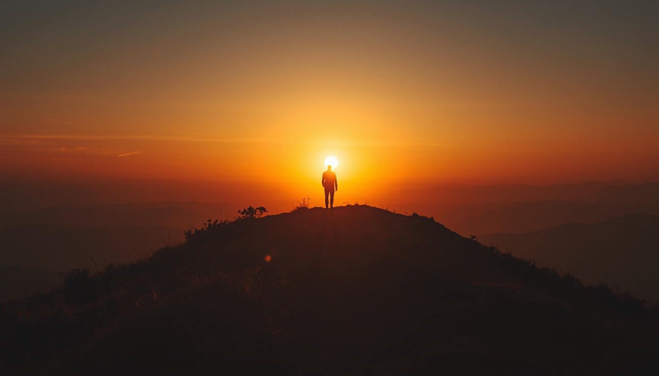 A wide shot of a horizon at sunrise. A lone figure stands on a hilltop, looking forward about to take a step. Depicting taking ACTION! Behind them is shadow. Ahead is light And beauty like we've never seen before. The path between is clear but requires a step. 8K ultra realistic. A wide shot of a horizon at sunrise. A lone figure stands on a hilltop, looking forward about to take a step. Depicting taking ACTION! Behind them is shadow. Ahead is light And beauty like we've never seen before. The path between is clear but requires a step. 8K ultra realistic.