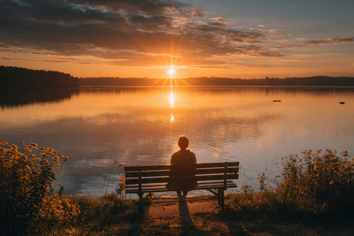 A person at sunrise sitting on a bench overlooking a beautiful lake serene powerful calm in control creating A person at sunrise sitting on a bench overlooking a beautiful lake serene powerful calm in control creating