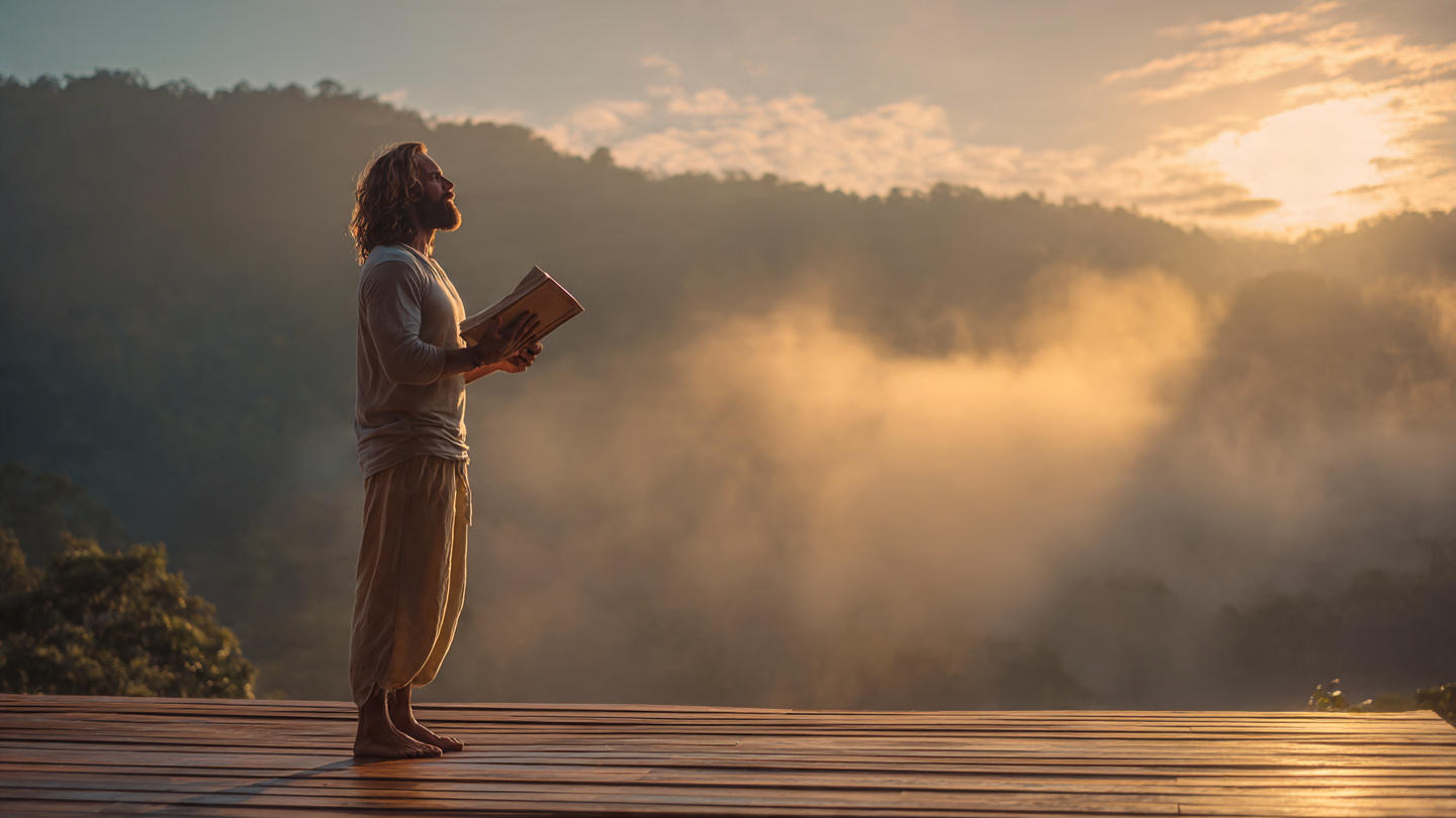 Photorealistic cinematic scene at dawn, a determined man in his 30s standing barefoot on a wooden deck overlooking misty mountains, golden sunrise breaking, holding an open copy of Autobiography of a Yogi in one hand while his other hand is on his heart, intense focused expression, soft god-rays, epic yet peaceful mood, ultra-realistic, 8k, shot on Canon EOS R5 Photorealistic cinematic scene at dawn, a determined man in his 30s standing barefoot on a wooden deck overlooking misty mountains, golden sunrise breaking, holding an open copy of Autobiography of a Yogi in one hand while his other hand is on his heart, intense focused expression, soft god-rays, epic yet peaceful mood, ultra-realistic, 8k, shot on Canon EOS R5