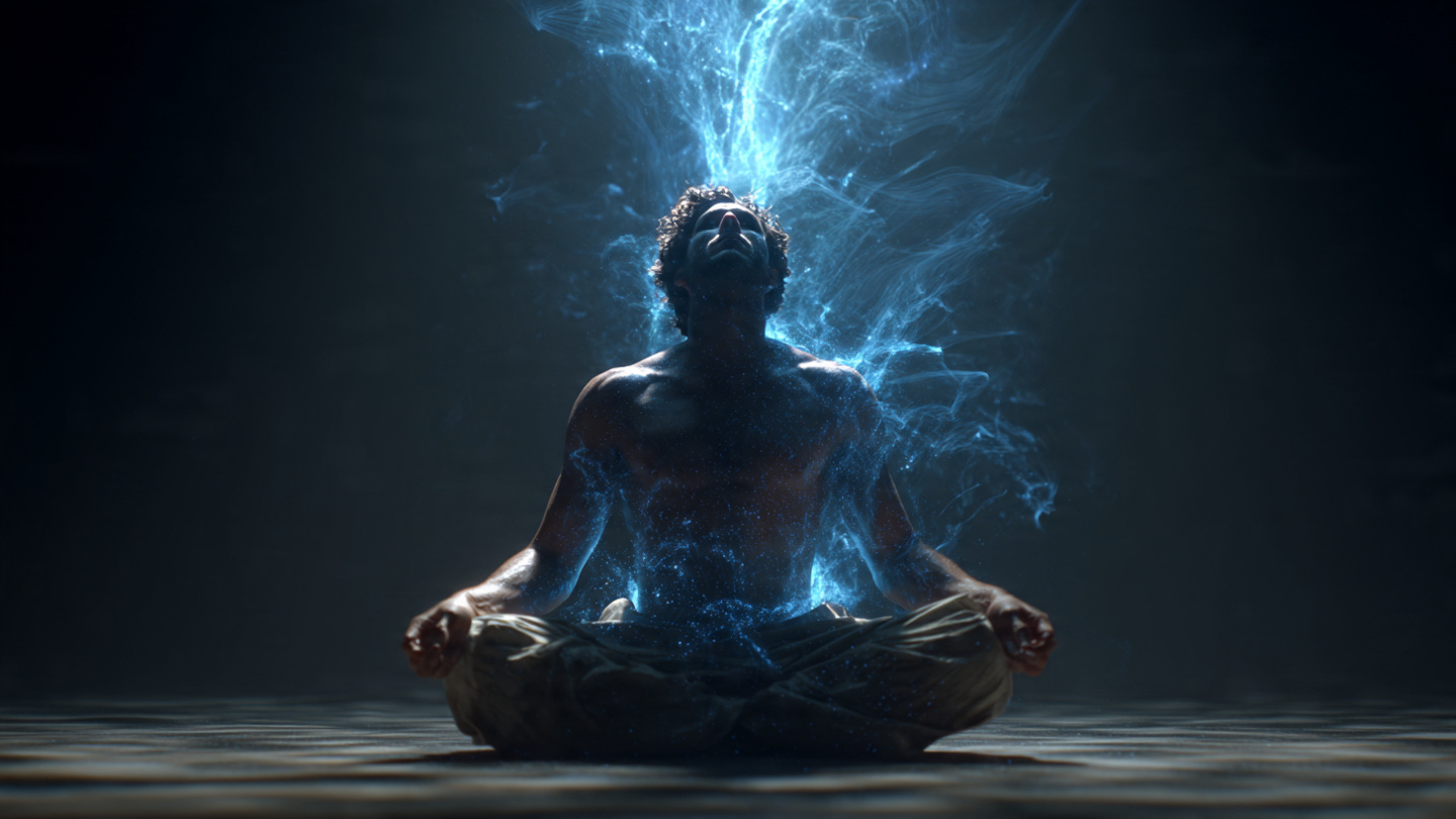 Photorealistic close-up of a man sitting cross-legged in dim morning light, eyes closed, soft blue energy visibly swirling from his lower spine up through the crown of his head, subtle biophotonic glow, brain neurons lighting up in background, cinematic, serene but powerful. Photorealistic close-up of a man sitting cross-legged in dim morning light, eyes closed, soft blue energy visibly swirling from his lower spine up through the crown of his head, subtle biophotonic glow, brain neurons lighting up in background, cinematic, serene but powerful.
