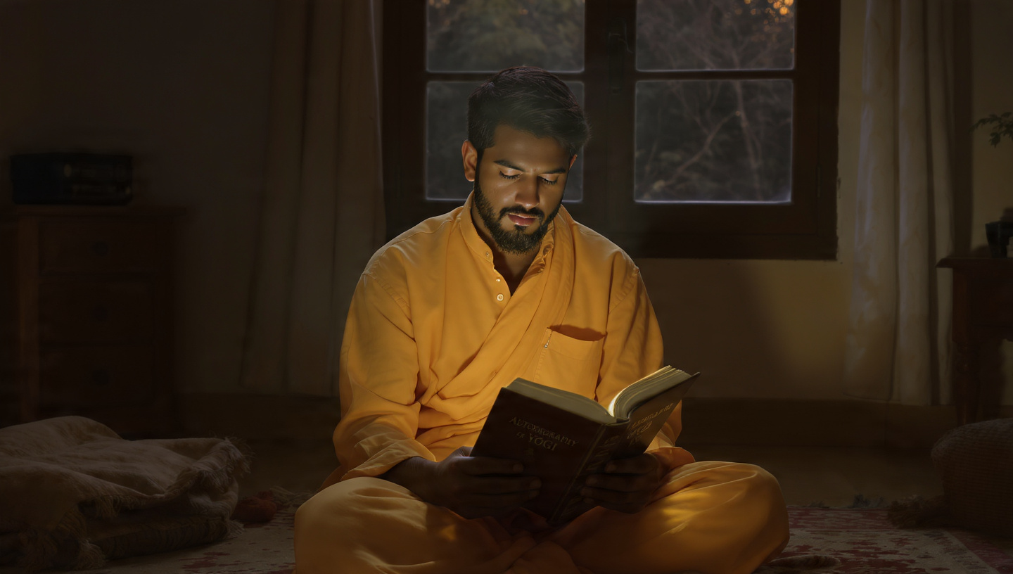 A young man sitting in a dimly lit room at dawn, holding an old book titled 'Autobiography of a Yogi'. A soft golden light emanates from the book illuminating his face. Atmosphere of deep contemplation and discovery. A young man sitting in a dimly lit room at dawn, holding an old book titled 'Autobiography of a Yogi'. A soft golden light emanates from the book illuminating his face. Atmosphere of deep contemplation and discovery.