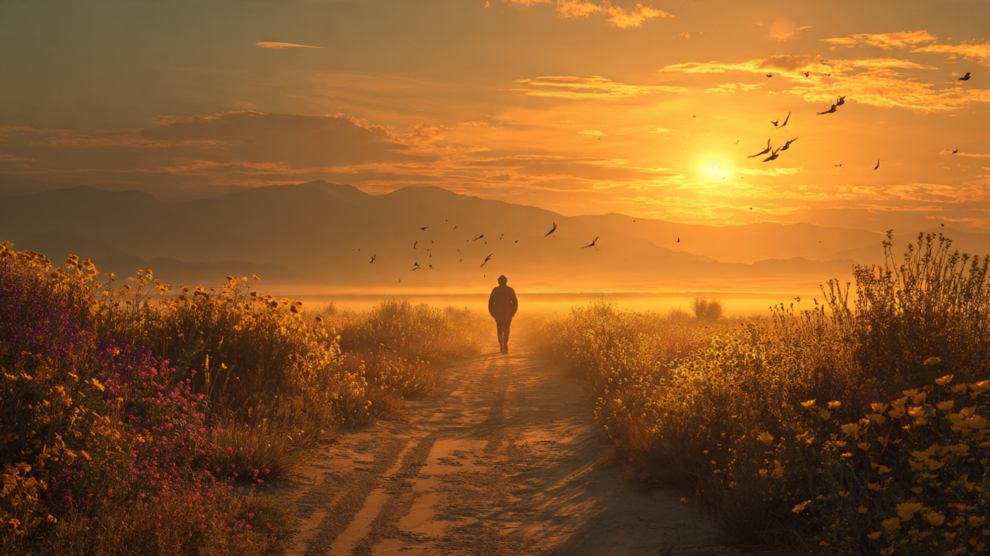 Photorealistic image of a man walking away from camera down an endless golden road at sunrise, old version of himself fading like smoke behind him, new upgraded version walking tall ahead, epic hero’s journey vibe Photorealistic image of a man walking away from camera down an endless golden road at sunrise, old version of himself fading like smoke behind him, new upgraded version walking tall ahead, epic hero’s journey vibe