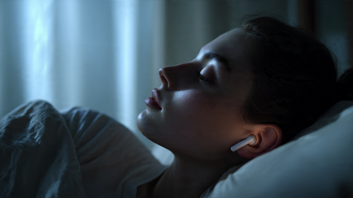 photorealistic, close-up side profile of a person lying in bed in a dimly lit, cozy bedroom. Soft morning blue light filtering through sheer curtains. The person has a serene expression, eyes closed, placing a sleek white wireless earbud into their ear. Cinematic lighting, shallow depth of field, hyper-realistic skin textures, atmosphere of total peace and mental reprogramming. photorealistic, close-up side profile of a person lying in bed in a dimly lit, cozy bedroom. Soft morning blue light filtering through sheer curtains. The person has a serene expression, eyes closed, placing a sleek white wireless earbud into their ear. Cinematic lighting, shallow depth of field, hyper-realistic skin textures, atmosphere of total peace and mental reprogramming.