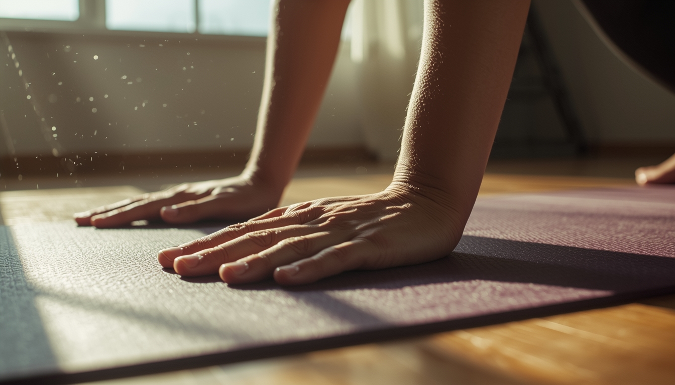 Photorealistic close-up of hands pressing firmly into yoga mat in Downward Dog, sunlight streaming through window, beads of sweat visible — strength and grounding.