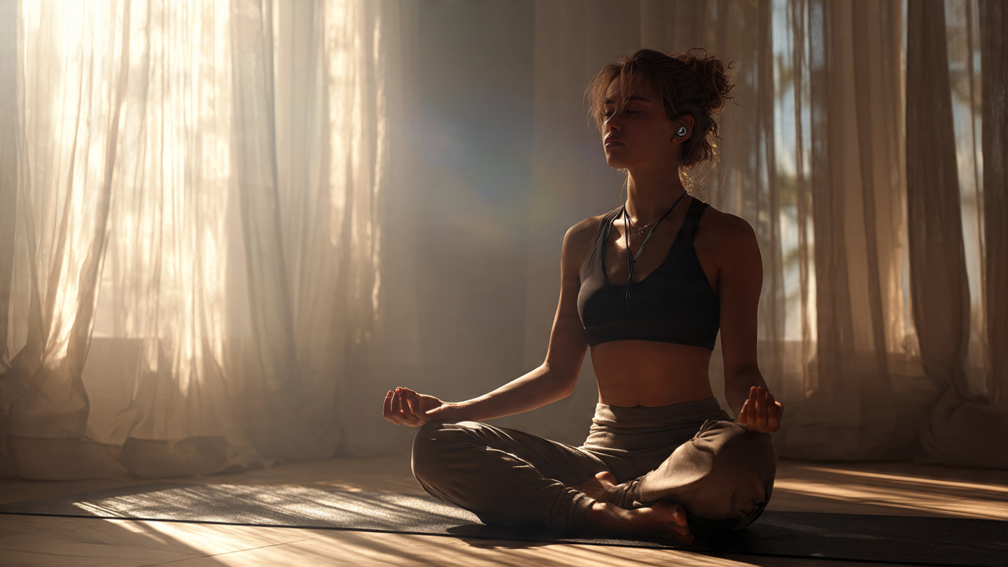 Photorealistic wide shot of person sitting cross-legged on yoga mat with eyes closed, Visible earbuds in,  hands resting on knees, soft morning light through sheer curtains, peaceful reflective atmosphere. 