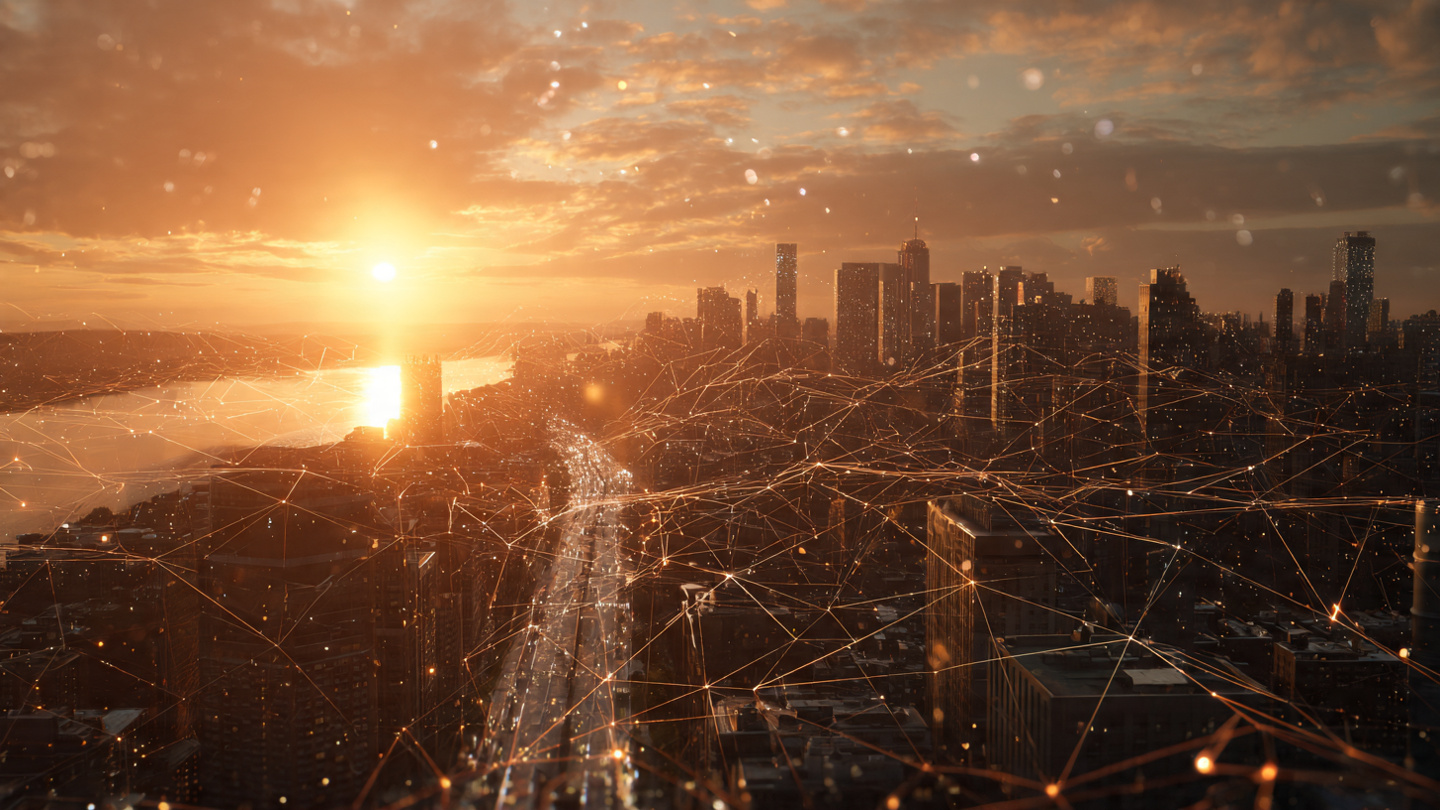 A sunrise over a modern city skyline. In the foreground, a transparent, glowing digital neural network mesh overlays the streets and buildings, symbolizing the unseen layer of AI surrounding human life. Warm morning light A sunrise over a modern city skyline. In the foreground, a transparent, glowing digital neural network mesh overlays the streets and buildings, symbolizing the unseen layer of AI surrounding human life. Warm morning light