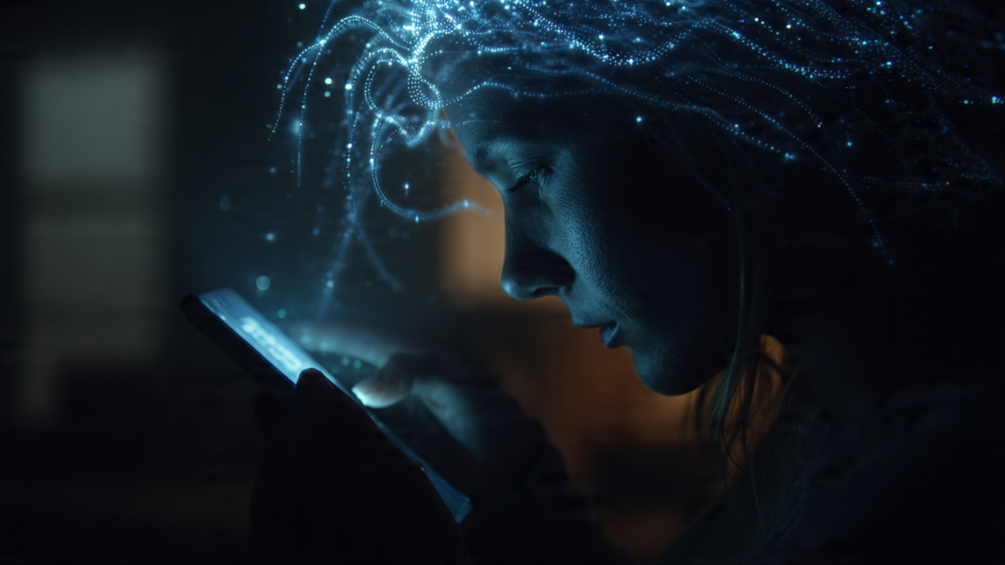 A close-up shot of a person’s hands holding a smartphone in a dark room. The screen illuminates their face with a soft blue light. Streaming out of the phone are glowing, microscopic streams of binary code and light, wrapping gently around the person's head, symbolizing algorithmic capture of attention. A close-up shot of a person’s hands holding a smartphone in a dark room. The screen illuminates their face with a soft blue light. Streaming out of the phone are glowing, microscopic streams of binary code and light, wrapping gently around the person's head, symbolizing algorithmic capture of attention.