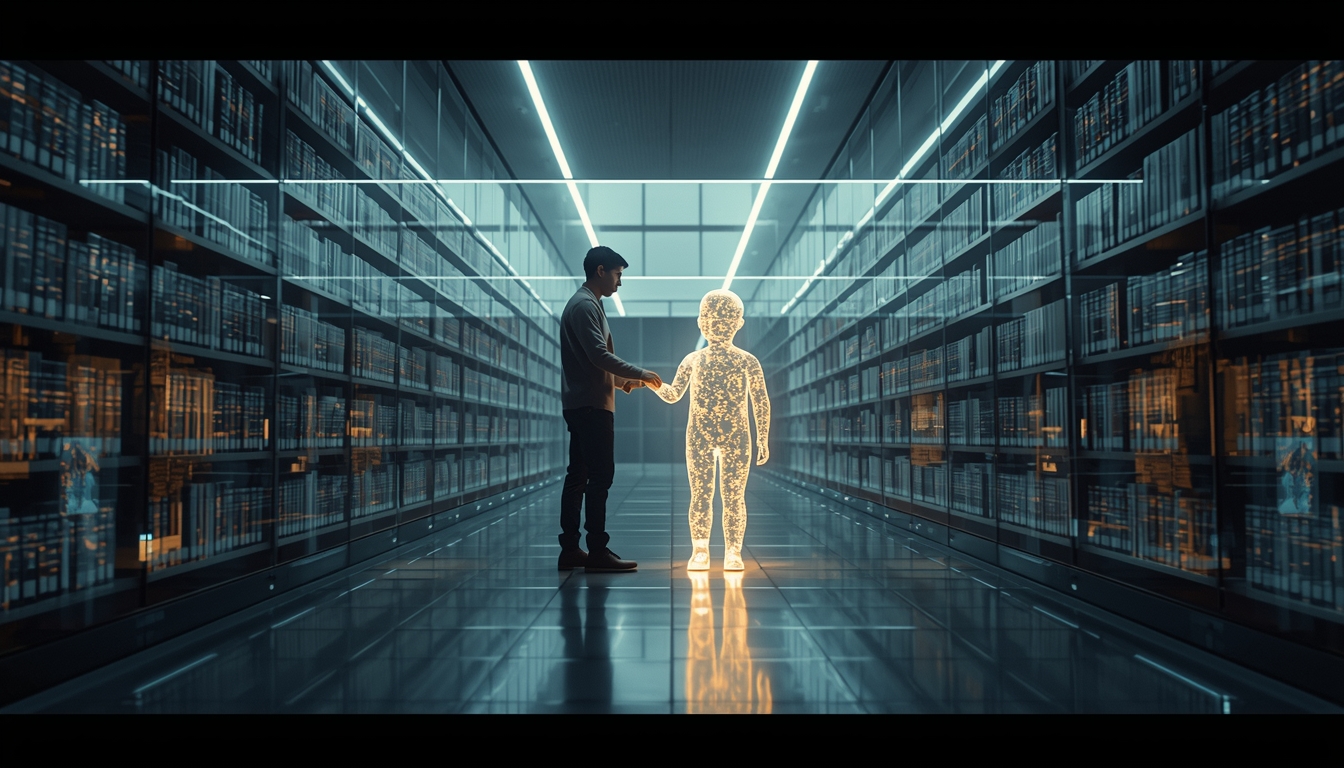 A photorealistic image of a futuristic, clean glass library where a human adult is gently guiding a glowing, translucent child-like figure made of light and data. Symbolizes raising AI like a child. Cinematic lighting, soft focus, warm colors A photorealistic image of a futuristic, clean glass library where a human adult is gently guiding a glowing, translucent child-like figure made of light and data. Symbolizes raising AI like a child. Cinematic lighting, soft focus, warm colors