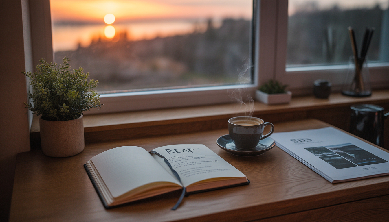 A beautiful, minimalist wooden desk at 5 AM. A steaming cup of coffee, an open journal with handwritten notes, and a printed PDF guide. Outside the window, the very first rays of dawn are breaking. Peaceful, serene, warm morning vibes. A beautiful, minimalist wooden desk at 5 AM. A steaming cup of coffee, an open journal with handwritten notes, and a printed PDF guide. Outside the window, the very first rays of dawn are breaking. Peaceful, serene, warm morning vibes.