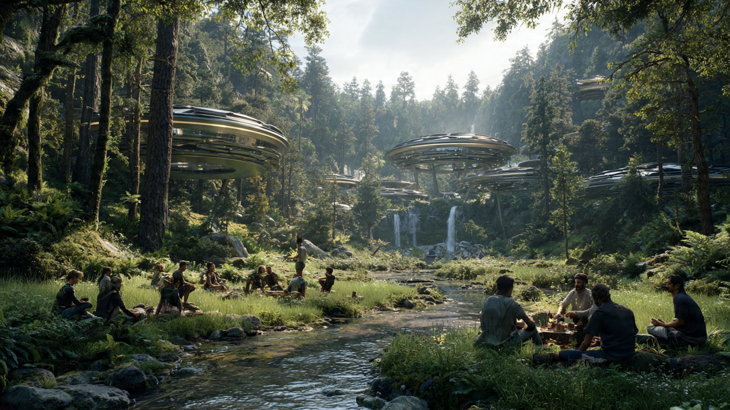 An expansive landscape of a lush green valley where nature and high technology exist in harmony. Sleek, solar-powered architectural pavilions blend into the forest. A group of diverse people are laughing and connecting offline. Peaceful utopia An expansive landscape of a lush green valley where nature and high technology exist in harmony. Sleek, solar-powered architectural pavilions blend into the forest. A group of diverse people are laughing and connecting offline. Peaceful utopia
