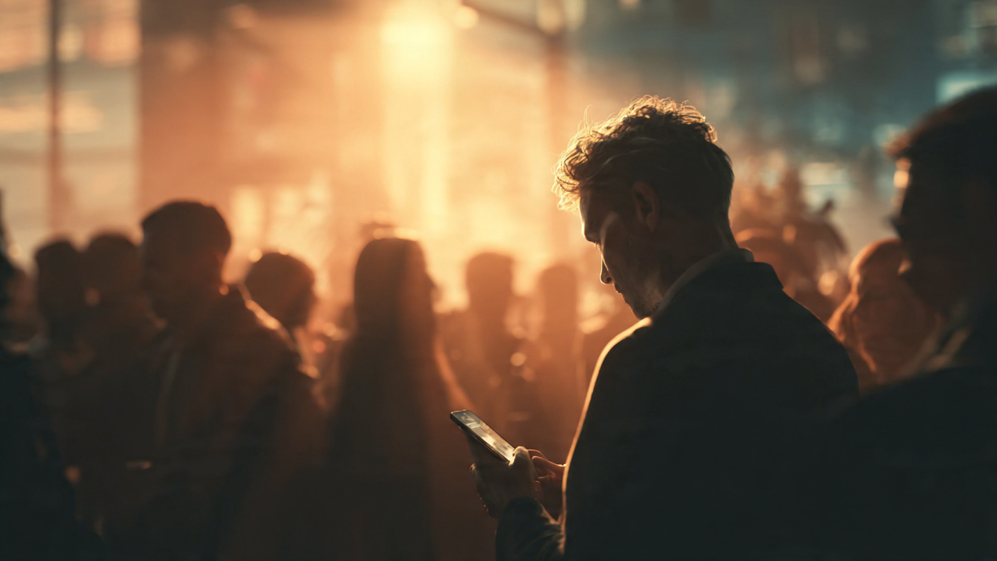 A man standing alone at a crowded networking event, clutching their phone with a tense posture. Their face is half-lit by the glow of their screen, while the background is a blur of laughing groups. The lighting contrasts warmth (the crowd) with cool tones (the isolated figure). A man standing alone at a crowded networking event, clutching their phone with a tense posture. Their face is half-lit by the glow of their screen, while the background is a blur of laughing groups. The lighting contrasts warmth (the crowd) with cool tones (the isolated figure).