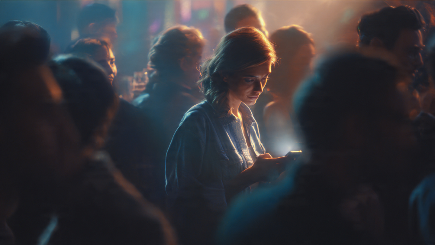 A person standing alone at a crowded networking event, clutching their phone with a tense posture. Their face is half-lit by the glow of their screen, while the background is a blur of laughing groups. The lighting contrasts warmth (the crowd) with cool tones (the isolated figure). A person standing alone at a crowded networking event, clutching their phone with a tense posture. Their face is half-lit by the glow of their screen, while the background is a blur of laughing groups. The lighting contrasts warmth (the crowd) with cool tones (the isolated figure).