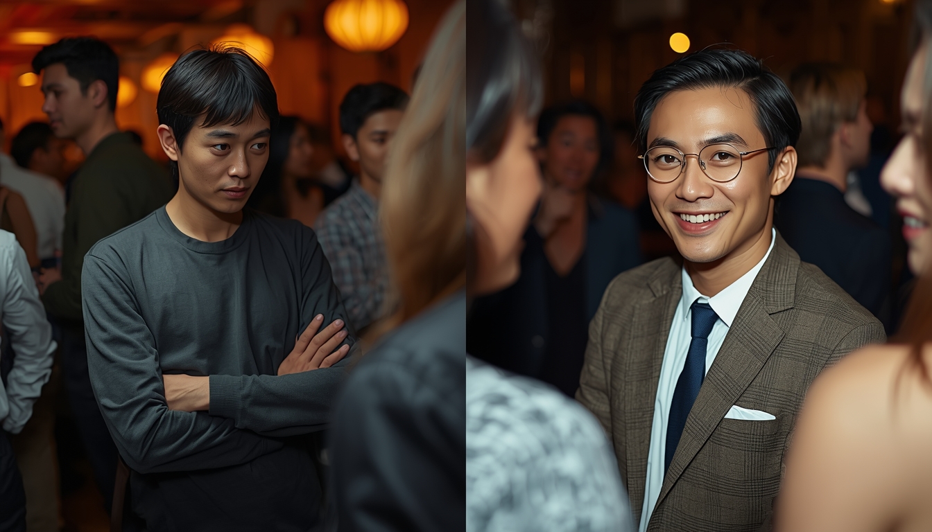 A split-image: Left side shows a person alone at a party, arms crossed, with a tense expression. Right side shows the same person with open body language, making eye contact with someone new, smiling naturally. A split-image: Left side shows a person alone at a party, arms crossed, with a tense expression. Right side shows the same person with open body language, making eye contact with someone new, smiling naturally.