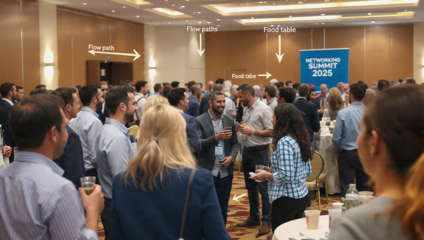 A wide shot of a networking event with arrows pointing to "flow paths" (near the entrance, food table, bar). One person stands strategically in a high-traffic area, smiling at someone approaching. A wide shot of a networking event with arrows pointing to "flow paths" (near the entrance, food table, bar). One person stands strategically in a high-traffic area, smiling at someone approaching.