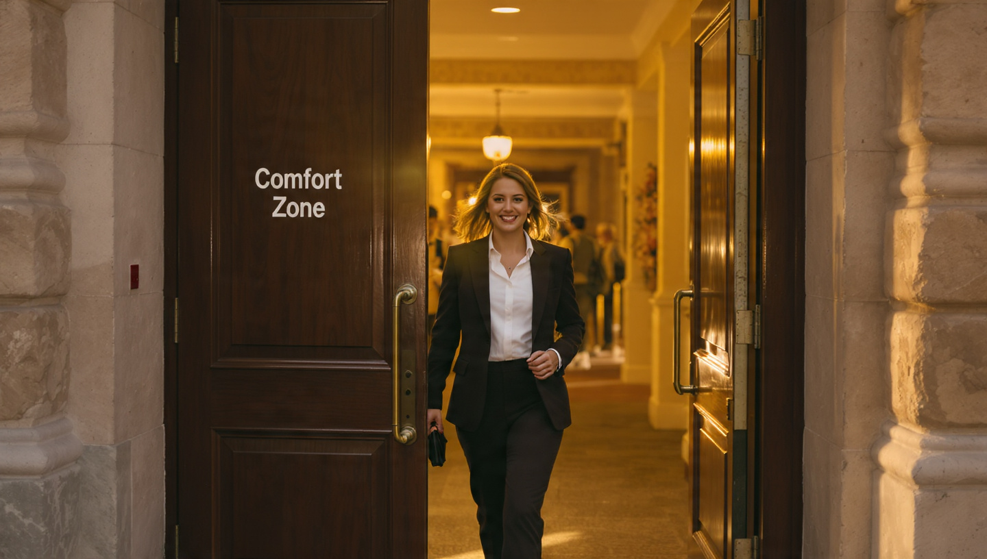 A person walking out of a social event with a subtle, confident smile. The door they’re exiting is labeled "Comfort Zone," and the path ahead is lit with warm light. A person walking out of a social event with a subtle, confident smile. The door they’re exiting is labeled "Comfort Zone," and the path ahead is lit with warm light.