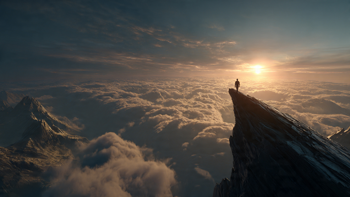 A wide shot of a lone silhouette standing on the edge of a massive, jagged mountain peak. Below them is a vast sea of swirling clouds. The sun is just beginning to break over the horizon, casting a golden, ethereal light. The mood is epic, courageous, and solitary. A wide shot of a lone silhouette standing on the edge of a massive, jagged mountain peak. Below them is a vast sea of swirling clouds. The sun is just beginning to break over the horizon, casting a golden, ethereal light. The mood is epic, courageous, and solitary.