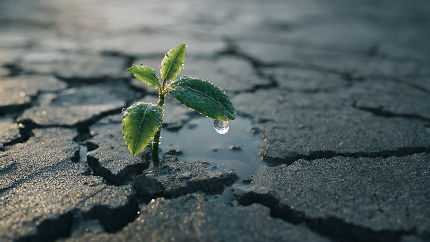 A close-up of a vibrant, green seedling forcing its way through a heavy, cracked slab of gray urban concrete. A single drop of morning dew hangs from a leaf. The lighting is dramatic, emphasizing the struggle and the triumph of life over stagnation. A close-up of a vibrant, green seedling forcing its way through a heavy, cracked slab of gray urban concrete. A single drop of morning dew hangs from a leaf. The lighting is dramatic, emphasizing the struggle and the triumph of life over stagnation.