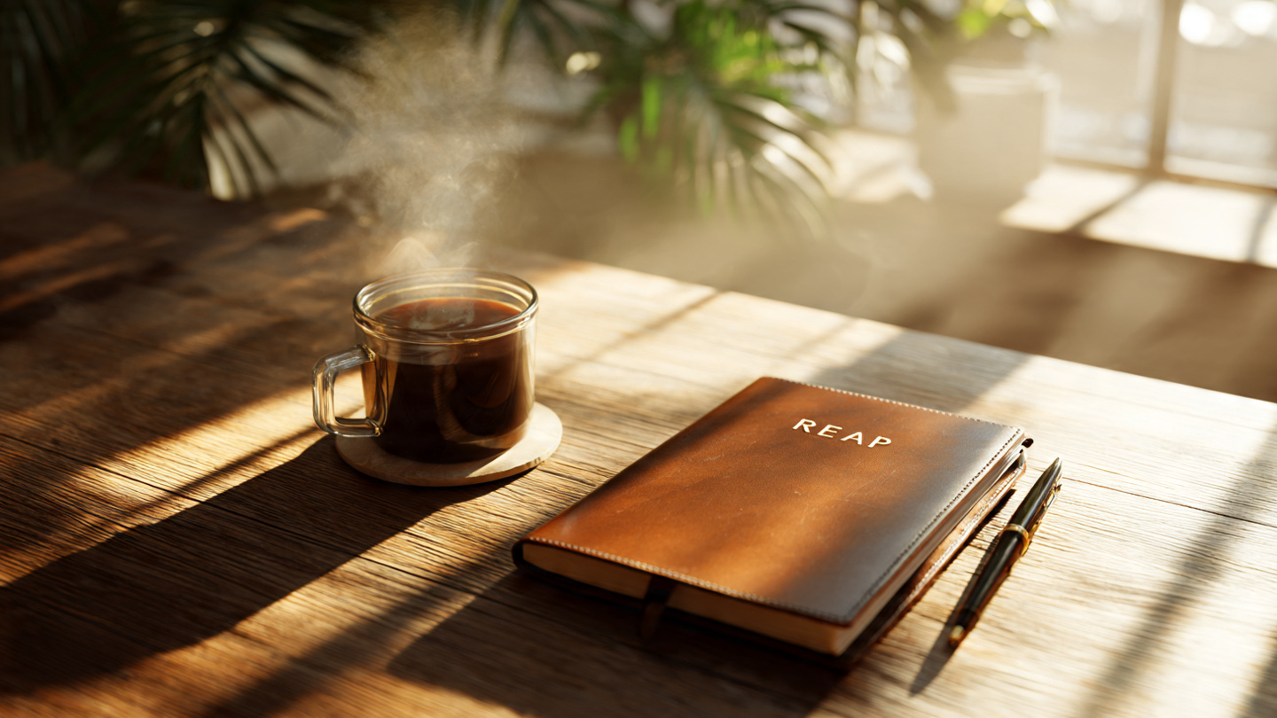 A clean, minimalist wooden desk in the early morning. A steaming cup of black coffee sits next to a leather-bound journal and a pen. Soft, blue-toned morning light filters through a window, creating a sense of peace, readiness, and discipline. A clean, minimalist wooden desk in the early morning. A steaming cup of black coffee sits next to a leather-bound journal and a pen. Soft, blue-toned morning light filters through a window, creating a sense of peace, readiness, and discipline.