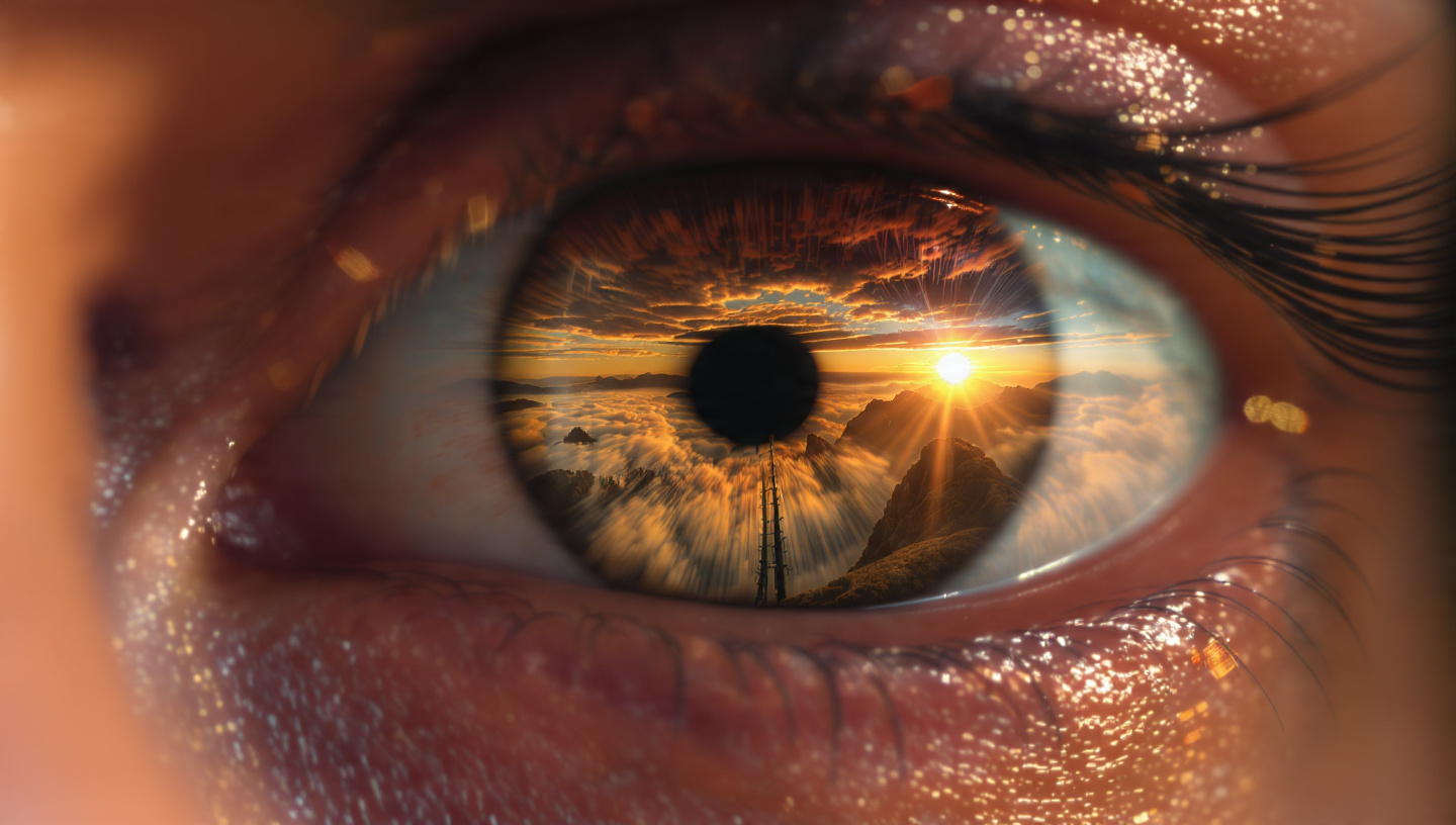 A macro close-up of a human eye. The iris is incredibly detailed with deep amber and gold tones. Reflected clearly in the pupil is a breathtaking, brilliant golden sunrise over a vast, misty mountain range. The lighting is dramatic, capturing the moment of "awakening" and clarity. 8k resolution, highly detailed, shallow depth of field, ethereal atmosphere. A macro close-up of a human eye. The iris is incredibly detailed with deep amber and gold tones. Reflected clearly in the pupil is a breathtaking, brilliant golden sunrise over a vast, misty mountain range. The lighting is dramatic, capturing the moment of "awakening" and clarity. 8k resolution, highly detailed, shallow depth of field, ethereal atmosphere.