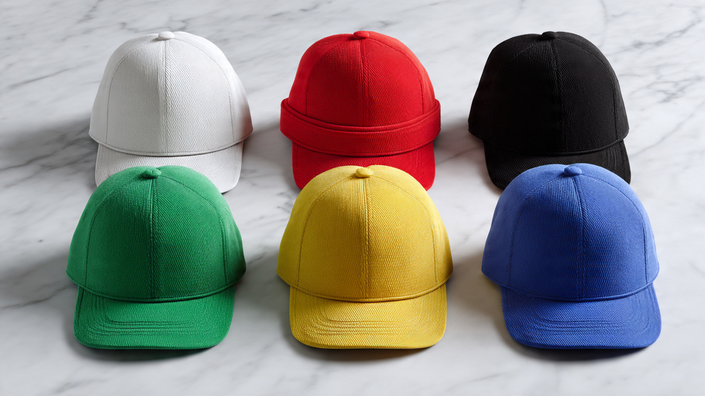  A flat-lay image of six colored hats arranged in two rows of three on a white marble surface—white hat, red hat, black hat (top row), yellow hat, green hat, blue hat (bottom row). Each hat is a different casual style (baseball cap, beanie, fedora, etc.) but clearly the correct solid color. Clean, bright, editorial lighting. Overhead camera angle. 