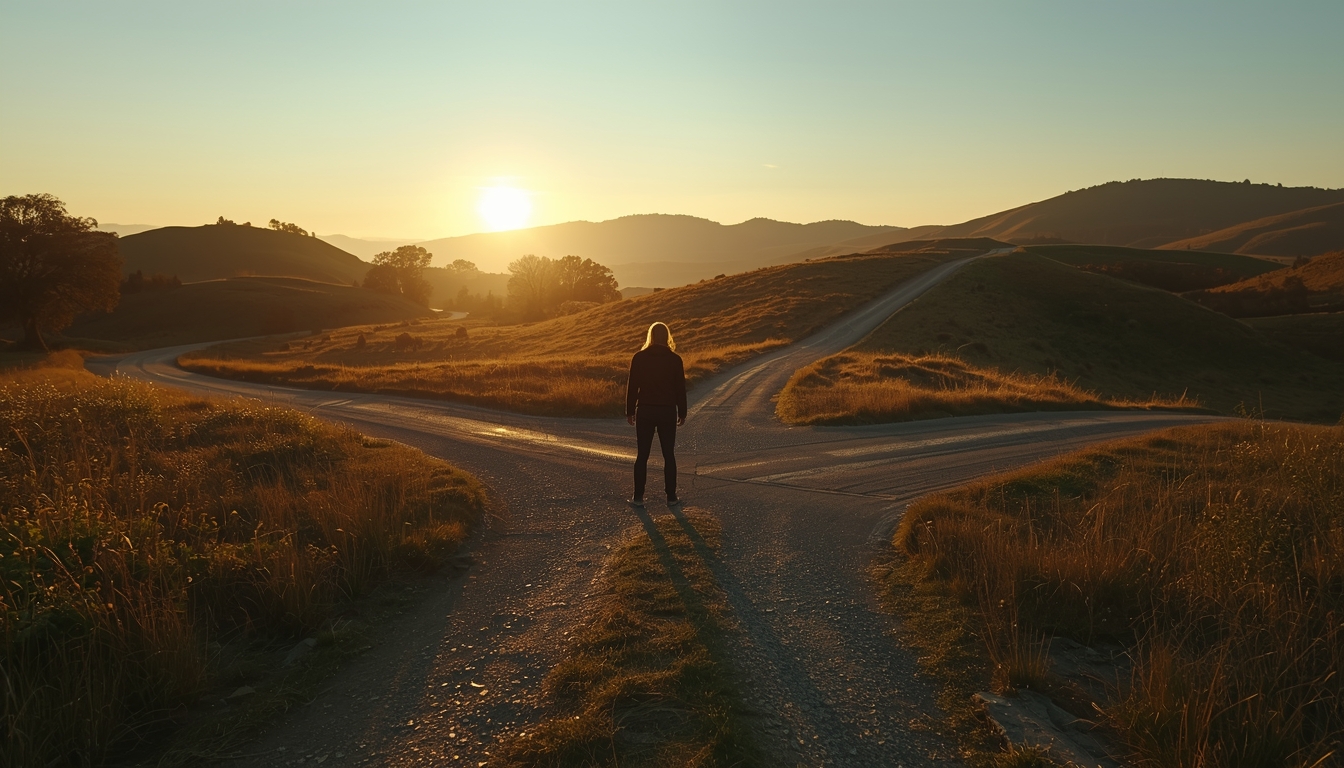 A person standing at a crossroads on a scenic path at sunrise. The path splits into multiple directions (not just two). The person stands confidently, looking forward with calm determination. Rolling hills, soft golden morning light, open sky. The mood is possibility, clarity, and empowerment.