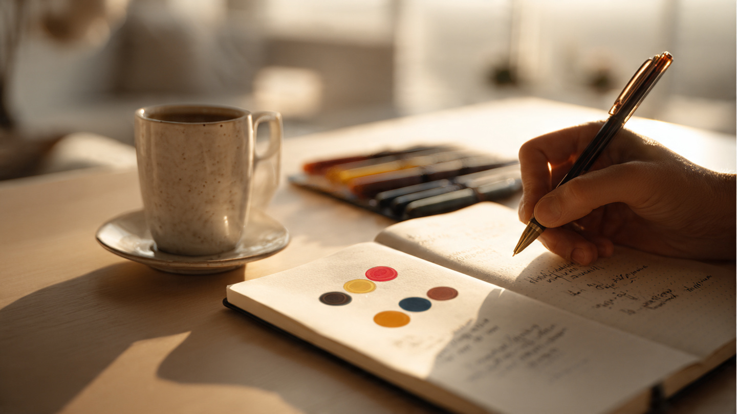  A person writing in a journal at a clean desk during early morning golden hour. A cup of coffee or tea sits nearby. On the journal page, six colored circles or dots are visible (white, red, black, yellow, green, blue) with handwritten notes next to each. The mood is calm, intentional, and productive. Warm natural light. Modern minimalist space.