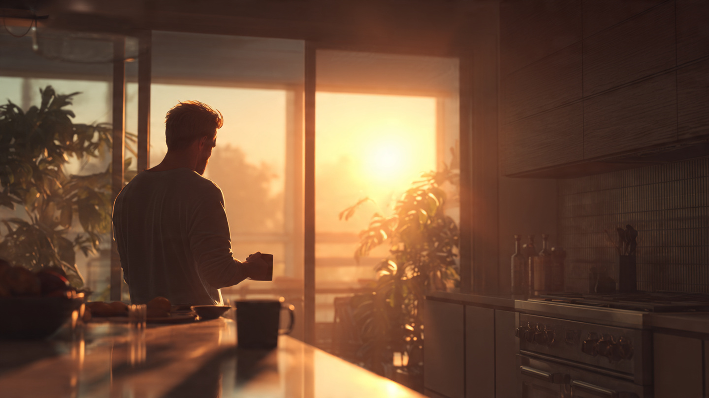 Sunrise kitchen scene with a focused man standing calmly in a modern home kitchen, natural light, coffee mug, wellness and discipline mood, clean composition, warm cinematic tones, realistic skin texture
