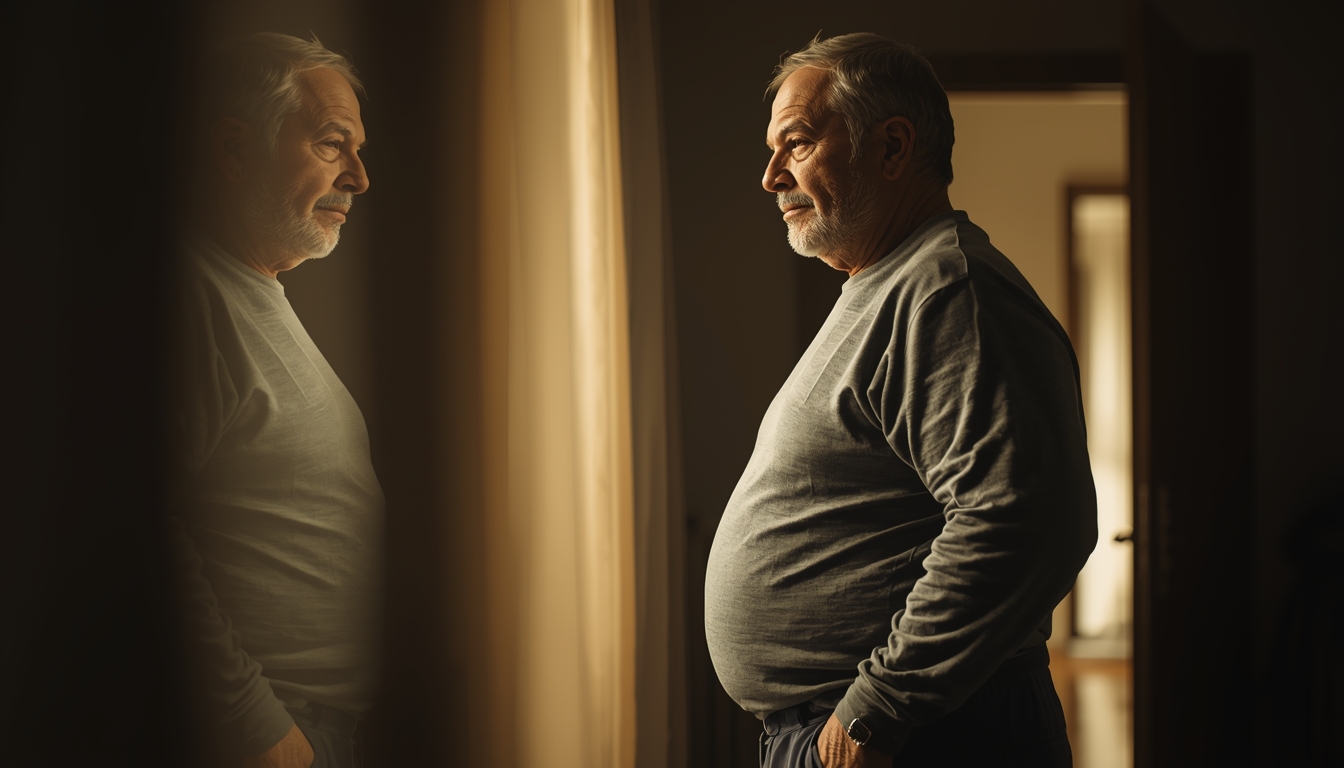 A middle-aged man with subtle belly fat standing in profile, reflective expression, natural home lighting, health and longevity theme.